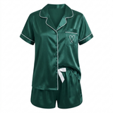 Short Sleeve Satin Pajama Set - Dark Green