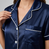 Short Sleeve Satin Pajama Set - Navy