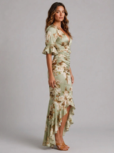 Robe longue effet satin froncée fleurie invitée mariage