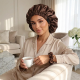 Ensemble bonnet en satin et chouchou - Gris argenté