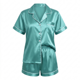 Short Sleeve Satin Pajama Set - Navy