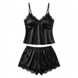 Satin Lace Cami Pajama Set - Black