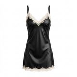 Spaghetti Strap Satin Lace Nightgown - Black