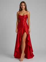 Vestido maxi asimétrico con tirantes y abertura en el muslo para mujer de noche