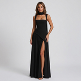 Women’s Draped Satin Feel Maxi Dress – Sculpted Elegant Silhouette