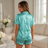 Short Sleeve Satin Pajama Set - Navy