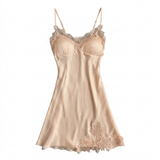 Spaghetti Strap Satin Lace Nightgown - Black