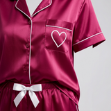 Short Sleeve Satin Pajama Set - Dark Green