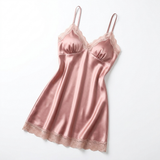 Spaghetti Strap Satin Lace Nightgown - Black