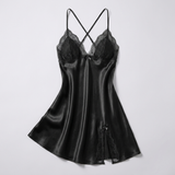 Spaghetti Strap Satin Lace Nightgown - Black