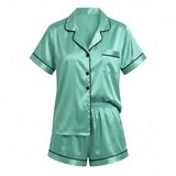 Short Sleeve Satin Pajama Set - Navy
