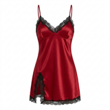 Spaghetti Strap Satin Lace Nightgown - Black