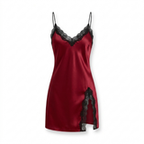 Spaghetti Strap Satin Lace Nightgown - Black
