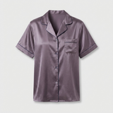 Pyjama femme en soie manches courtes col cranté violet gris