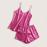 Conjunto de pijama de seda con tirantes y escote en V - Rojo rosa