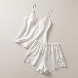 Ensemble pyjama en satin à bretelles fines avec dentelle - Bleu acier