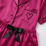Short Sleeve Satin Pajama Set - Dark Green