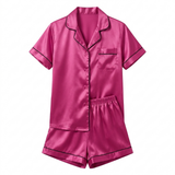 Short Sleeve Satin Pajama Set - Navy