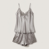 Ensemble pyjama en satin à bretelles fines avec dentelle - Bleu acier
