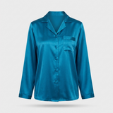 Pyjama en satin de soie femme manches longues boutonné bleu océan