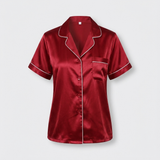 Pyjama femme en soie manches courtes col cranté vin