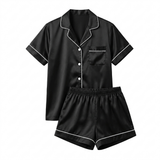 Short Sleeve Satin Pajama Set - Navy