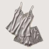 Ensemble pyjama en satin à bretelles fines avec dentelle - Bleu acier