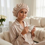 Ensemble bonnet en satin et chouchou - Gris argenté