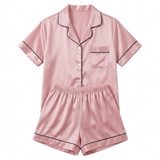 Short Sleeve Satin Pajama Set - Navy