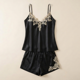 Ensemble pyjama en satin à bretelles fines avec dentelle - Bleu acier