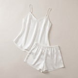 Ensemble pyjama caraco en soie col en V - Blanc