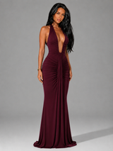 Vestido maxi halter con fruncidos para mujer de noche