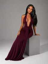Vestido maxi halter con fruncidos para mujer de noche