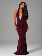 Vestido maxi halter con fruncidos para mujer de noche