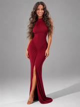 Robe maxi fendue sur le côté à col montant froncé pour invité de mariage