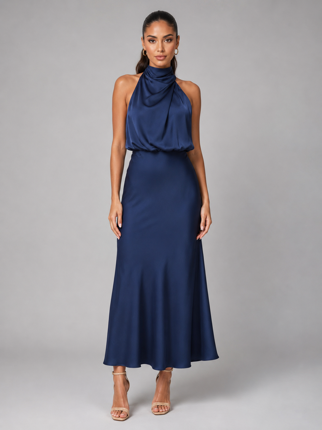 satin midi wedding guest dress Feel High Neck – COLOR_752_IVORY-CHAMPAGNE Elegant Sheath V Neck line silhouette Size:40 / 15 ¾