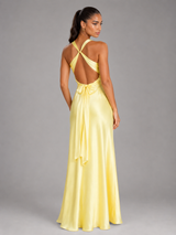 Vestido maxi halter con efecto satinado y fruncidos para mujer de noche