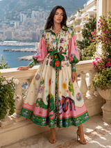 Vestido camisa maxi estampado con cinturón para mujer en verano