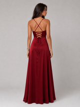 Vestido maxi satinado con cuello drapeado y abertura lateral para mujer de noche
