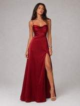 Vestido maxi satinado con cuello drapeado y abertura lateral para mujer de noche
