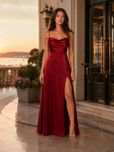 Vestido maxi satinado con cuello drapeado y abertura lateral para mujer de noche