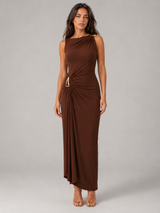 Robe maxi à col montant froncé avec détails dorés pour femme soirée