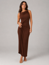Robe maxi à col montant froncé avec détails dorés pour femme soirée
