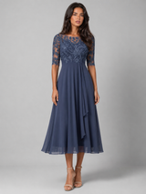 Robe midi à corsage en dentelle et mousseline pour invitée de mariage