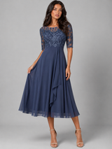 Robe midi à corsage en dentelle et mousseline pour invitée de mariage