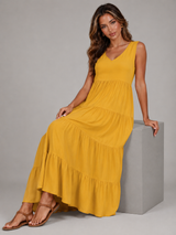 Robe maxi à volants et col en V pour femme été