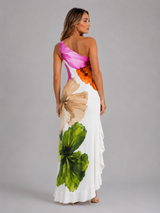 Vestido maxi floral de un solo hombro con volante en el dobladillo para mujer verano