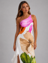 Vestido maxi floral de un solo hombro con volante en el dobladillo para mujer verano