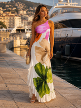 Vestido maxi floral de un solo hombro con volante en el dobladillo para mujer verano
