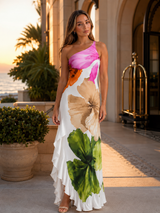 Vestido maxi floral de un solo hombro con volante en el dobladillo para mujer verano